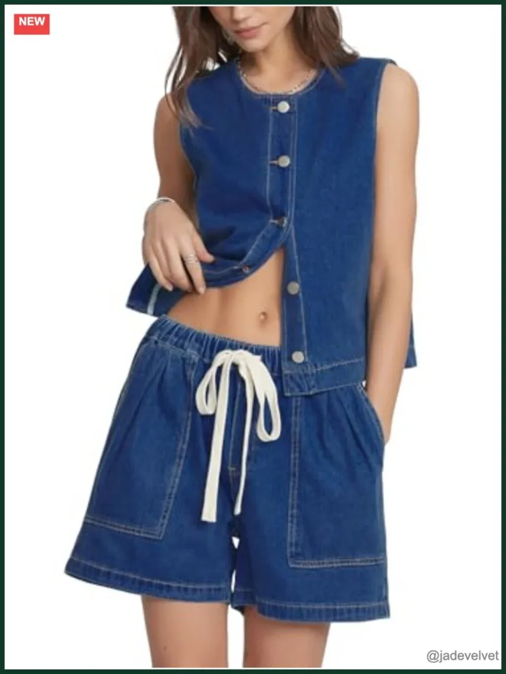Sleeveless Denim Vest with Elastic Waist Baggy Jean Shorts Matching Set